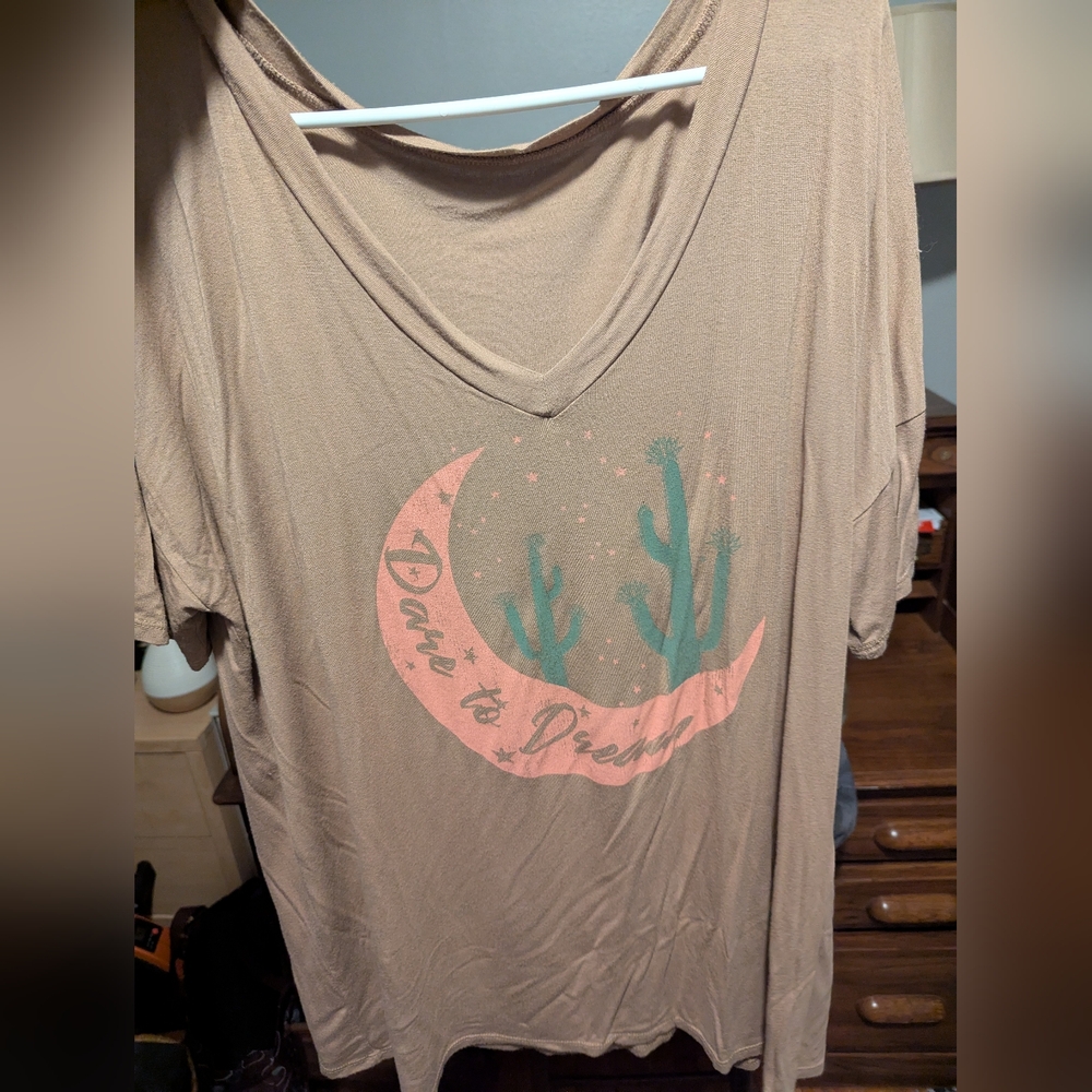 Tan Graphic Tee with Cactus Design